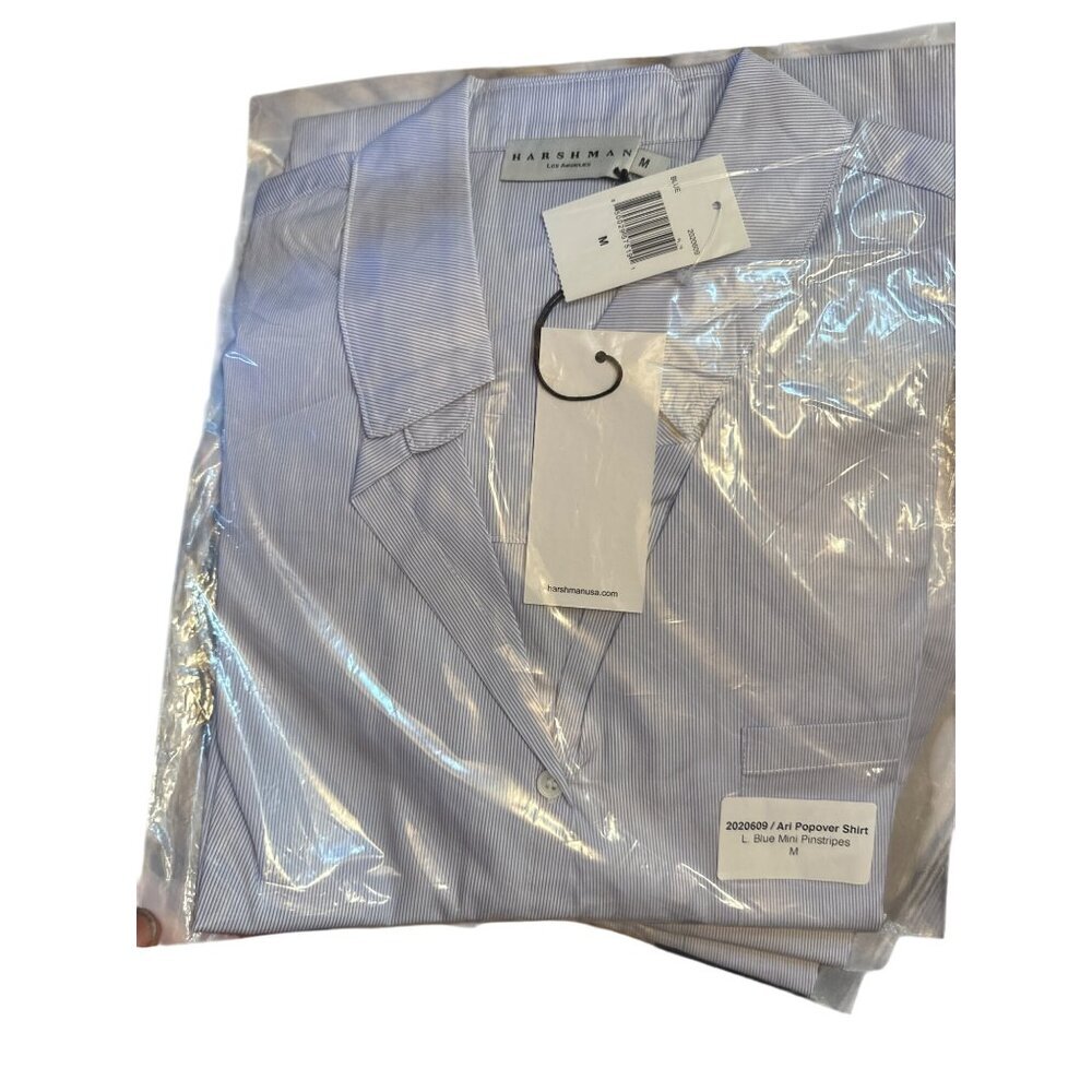 Harshman Blue Stripe Cotton Womens Popover Shirt W/ Pocket $192 Retail - Picture 7 of 10
